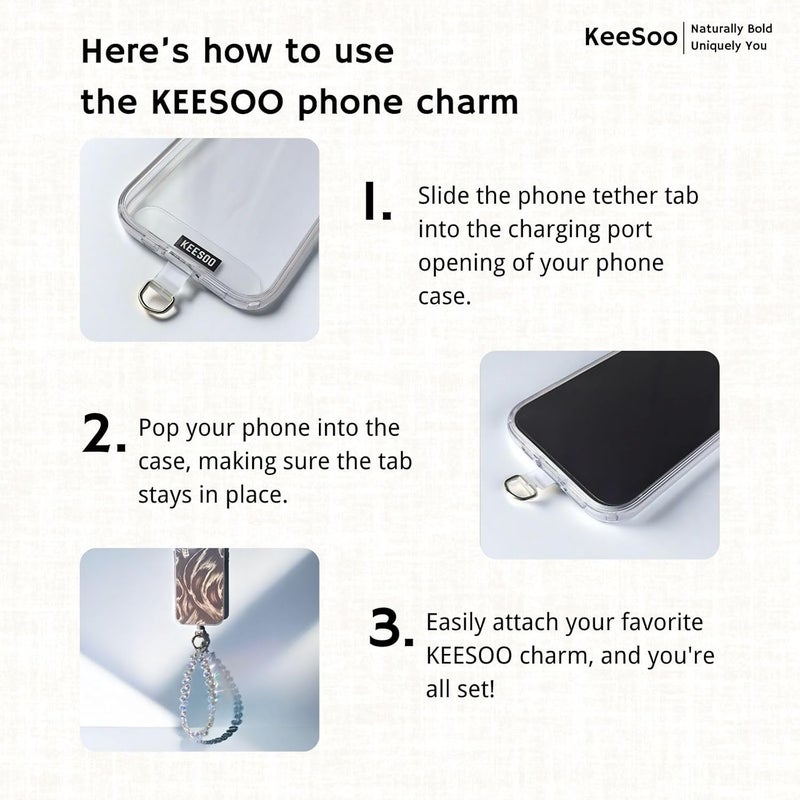 KEESOO Store White Pure Shine Crystal Original Design Phone Charm with 2 Tether Tabs – Stylish, Durable, and Hands-Free Phone Chain – Compatible with iPhone, Samsung, Pixel & More - Image 5
